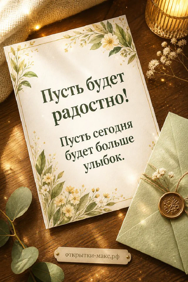 Акварельная открытка с золотыми цветами и надписью «Пусть будет радостно» на зелёном фоне — вариант 3