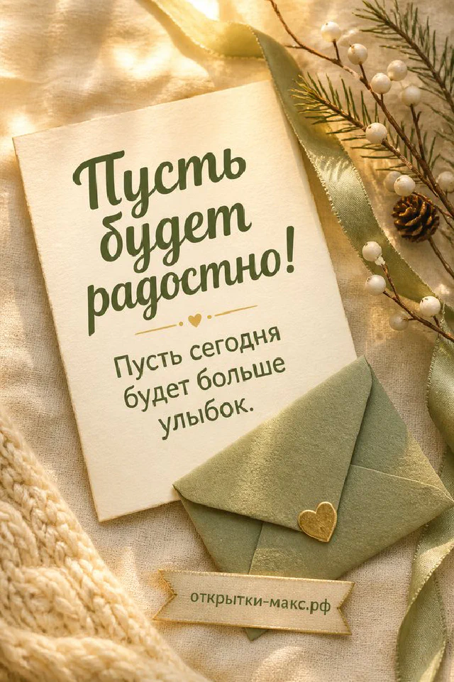 Акварельная открытка с золотыми цветами и надписью «Пусть будет радостно» на зелёном фоне — вариант 4