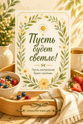 Открытка «Пусть будет светло» с солнцем в цветочном венке на деревянном подносе с ягодами и гранолой