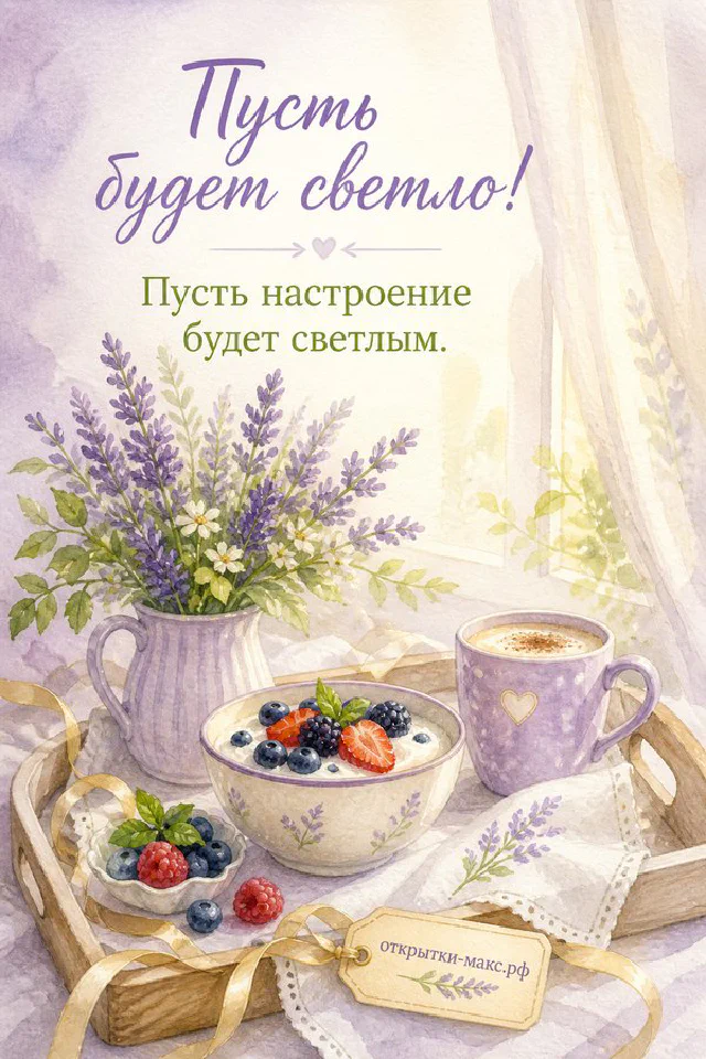 Открытка «Пусть будет светло» с солнцем в цветочном венке на деревянном подносе с ягодами и гранолой — вариант 2