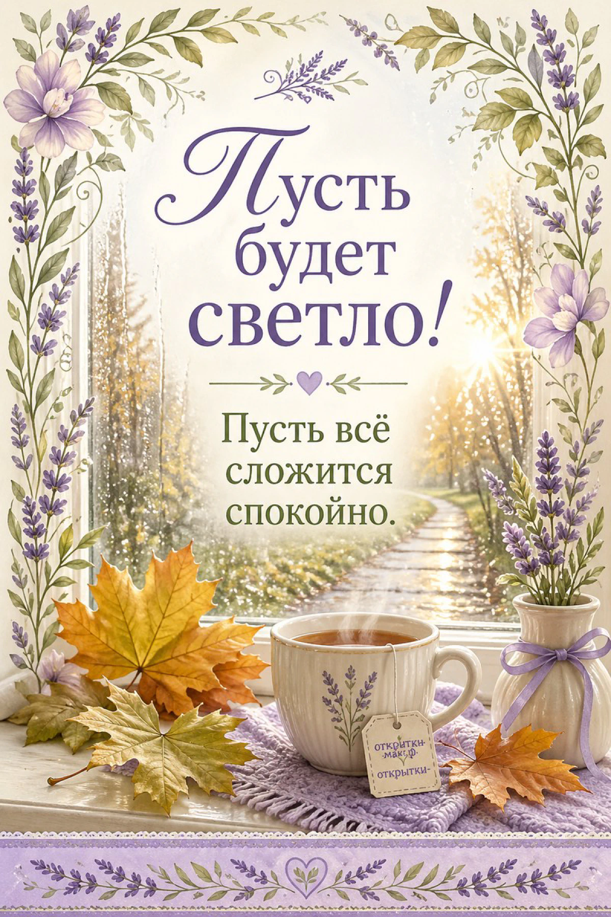 Чашка чая с лавандовой биркой и осенние кленовые листья в цветочной рамке на фоне осеннего пейзажа