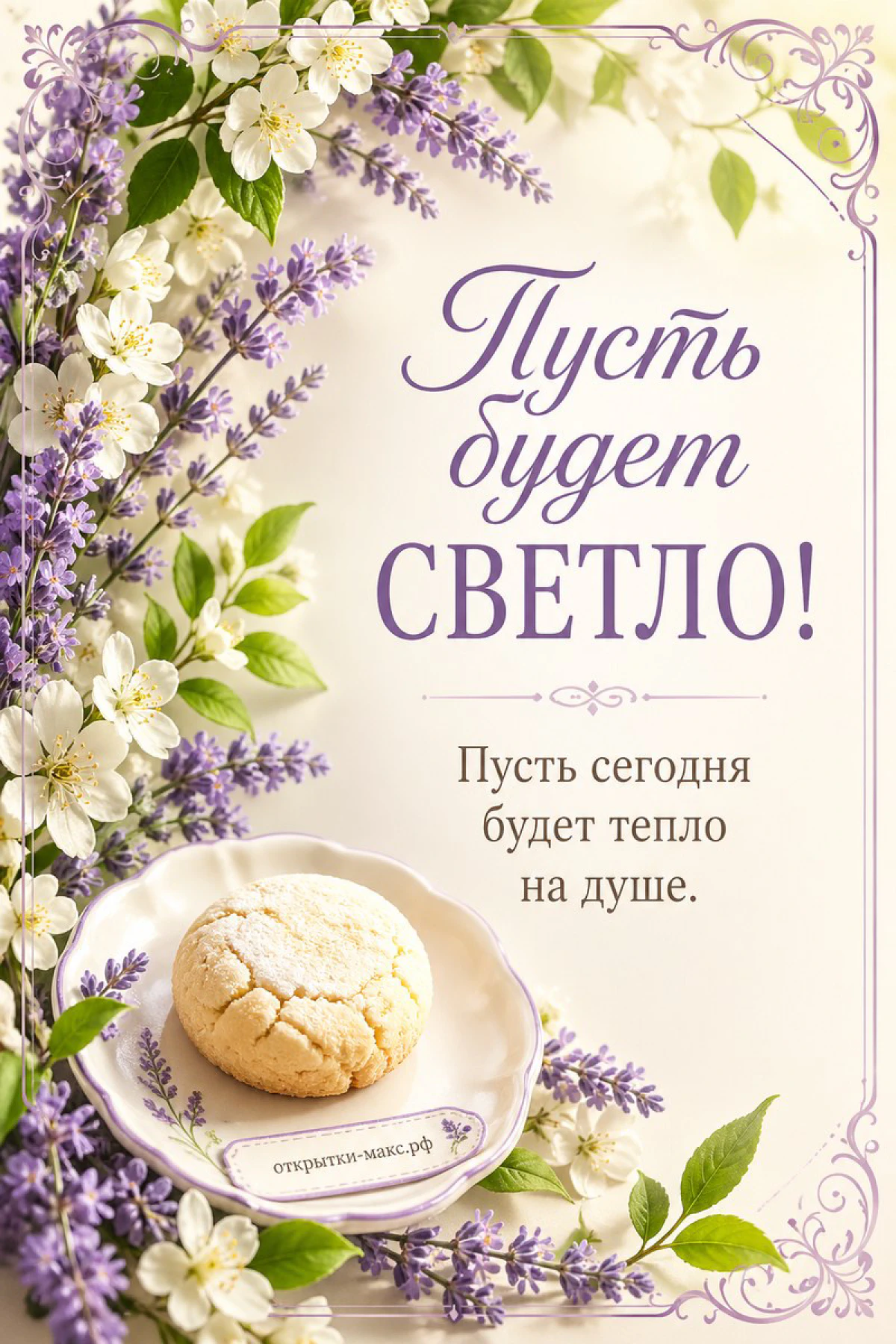 Лаванда и белые цветы по краям открытки, в центре печенье на блюдечке с надписью Пусть будет СВЕТЛО