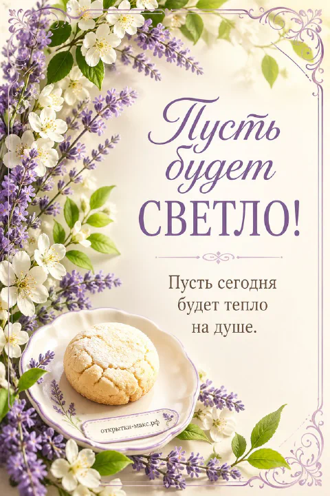 Лаванда и белые цветы по краям открытки, в центре печенье на блюдечке с надписью Пусть будет СВЕТЛО
