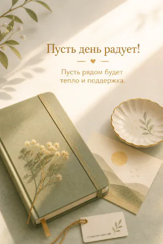 Зелёный ежедневник с высушенными цветами и золотое блюдце рядом с акварельной карточкой на сером фоне