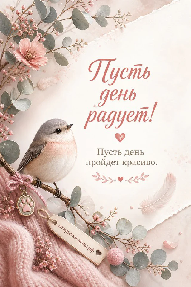 Серый шотландский котёнок лежит рядом с открыткой «Пусть день радует» и лавандовым букетом на сиреневой ткани — вариант 2