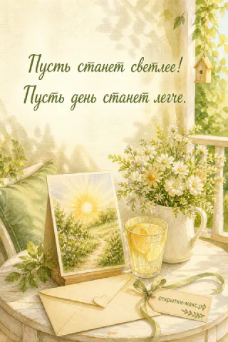 Акварельный стол на веранде: ромашки в кувшине, стакан с лимоном, конверт с картиной солнца