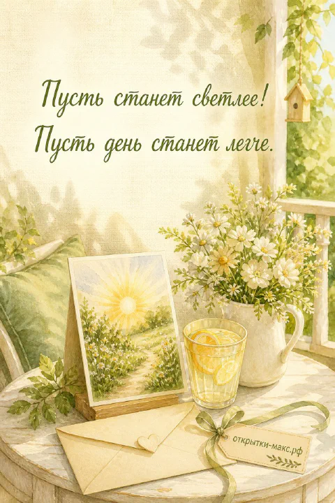 Акварельный стол на веранде: ромашки в кувшине, стакан с лимоном, конверт с картиной солнца