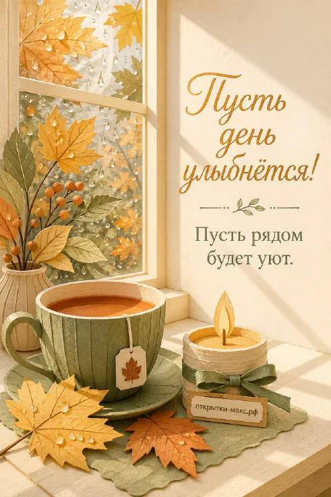 Зелёная чашка чая на блюдце, рядом свечка и кленовые листья, у окна с дождём и жёлтой листвой снаружи