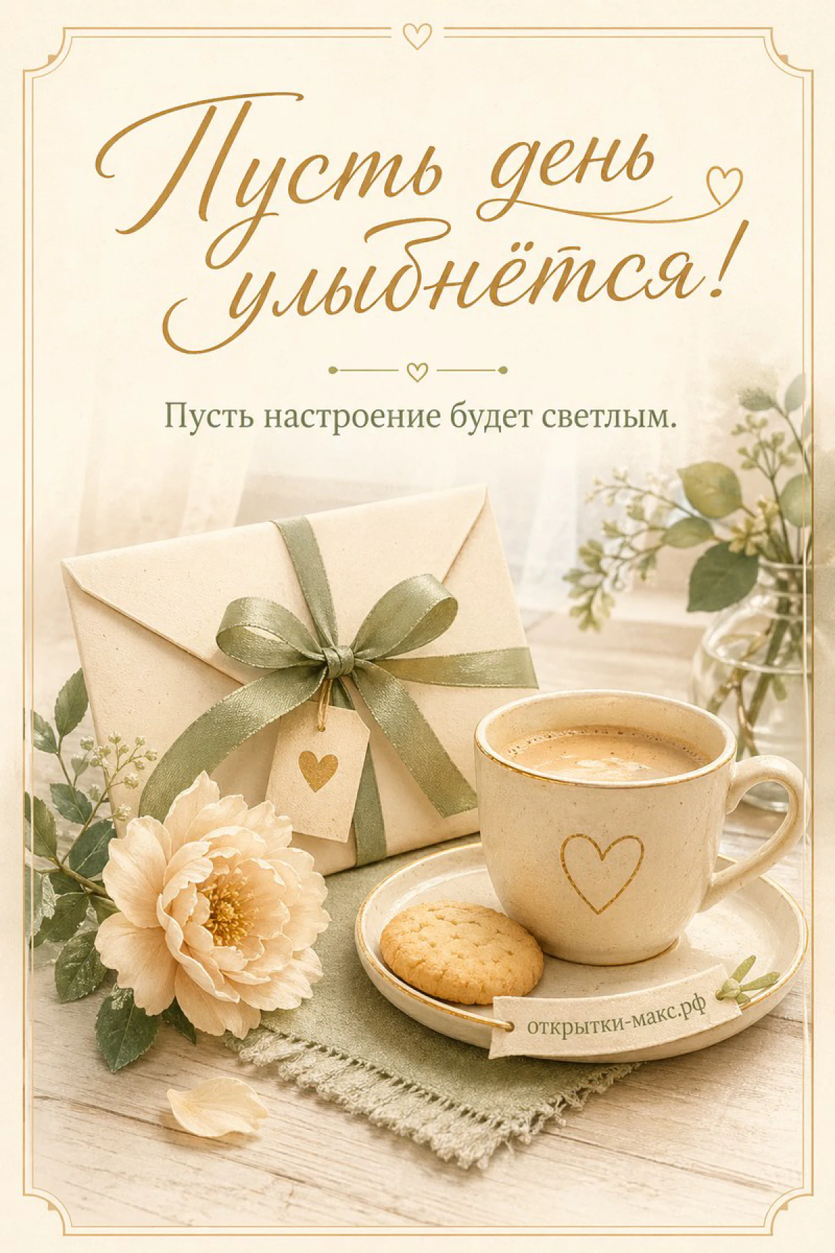 Кружка кофе с печеньем, конверт с зелёным бантом и белая роза на деревянном столе в ретро-стиле