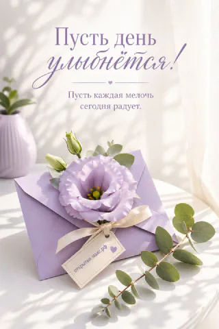 Сиреневый конверт с лизиантусом и бантом на белом столе, рядом веточка эвкалипта, тени от листьев