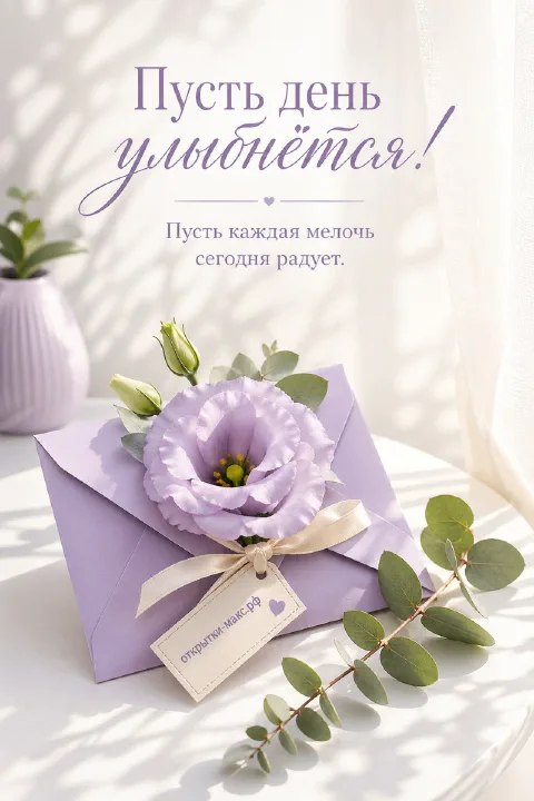 Сиреневый конверт с лизиантусом и бантом на белом столе, рядом веточка эвкалипта, тени от листьев