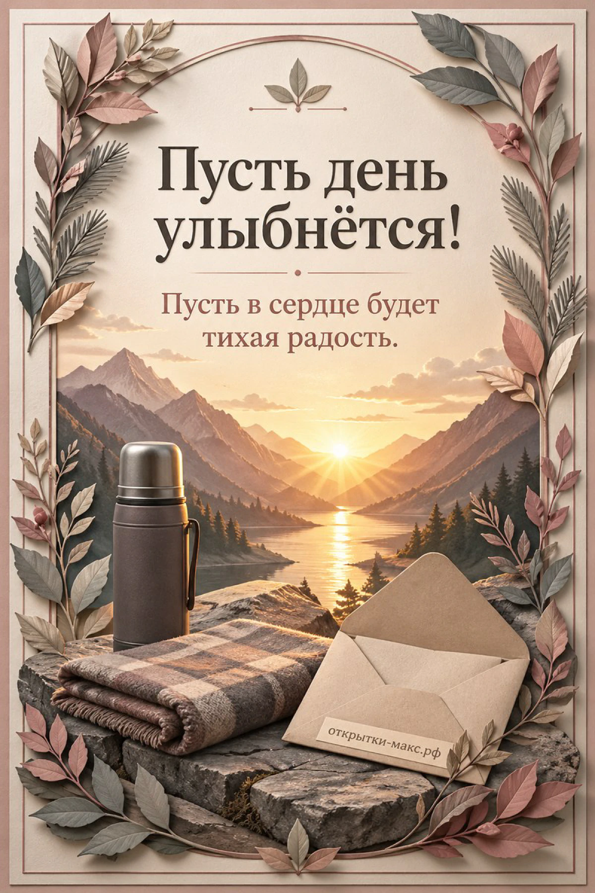 Клетчатый плед, металлический термос и конверт на камне, за ними закат над горной рекой в раме из осенних листьев