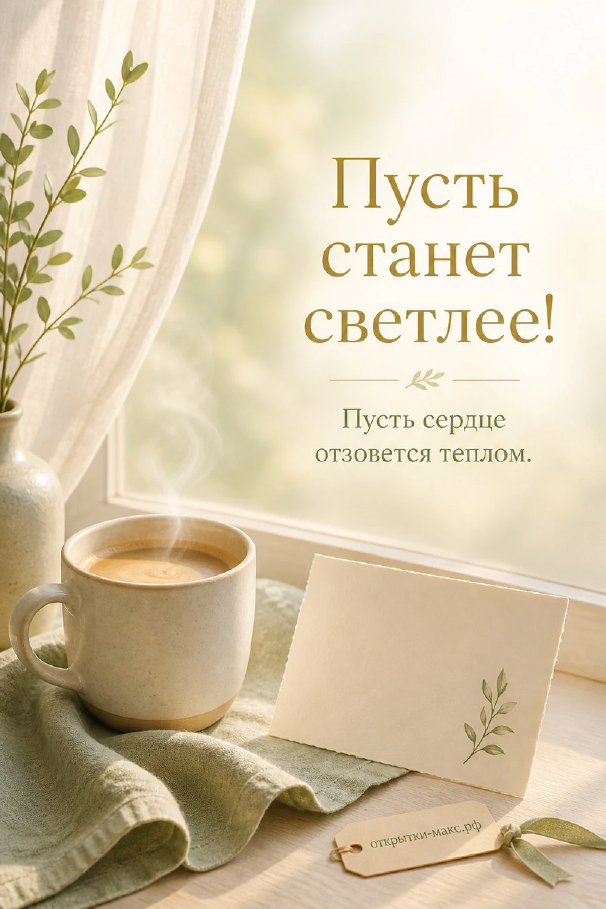 Дымящаяся кружка кофе на подоконнике с открыткой с веточкой на фоне утреннего окна