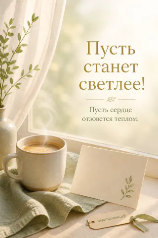 Дымящаяся кружка кофе на подоконнике с открыткой с веточкой на фоне утреннего окна