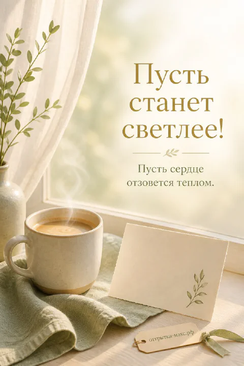 Дымящаяся кружка кофе на подоконнике с открыткой с веточкой на фоне утреннего окна