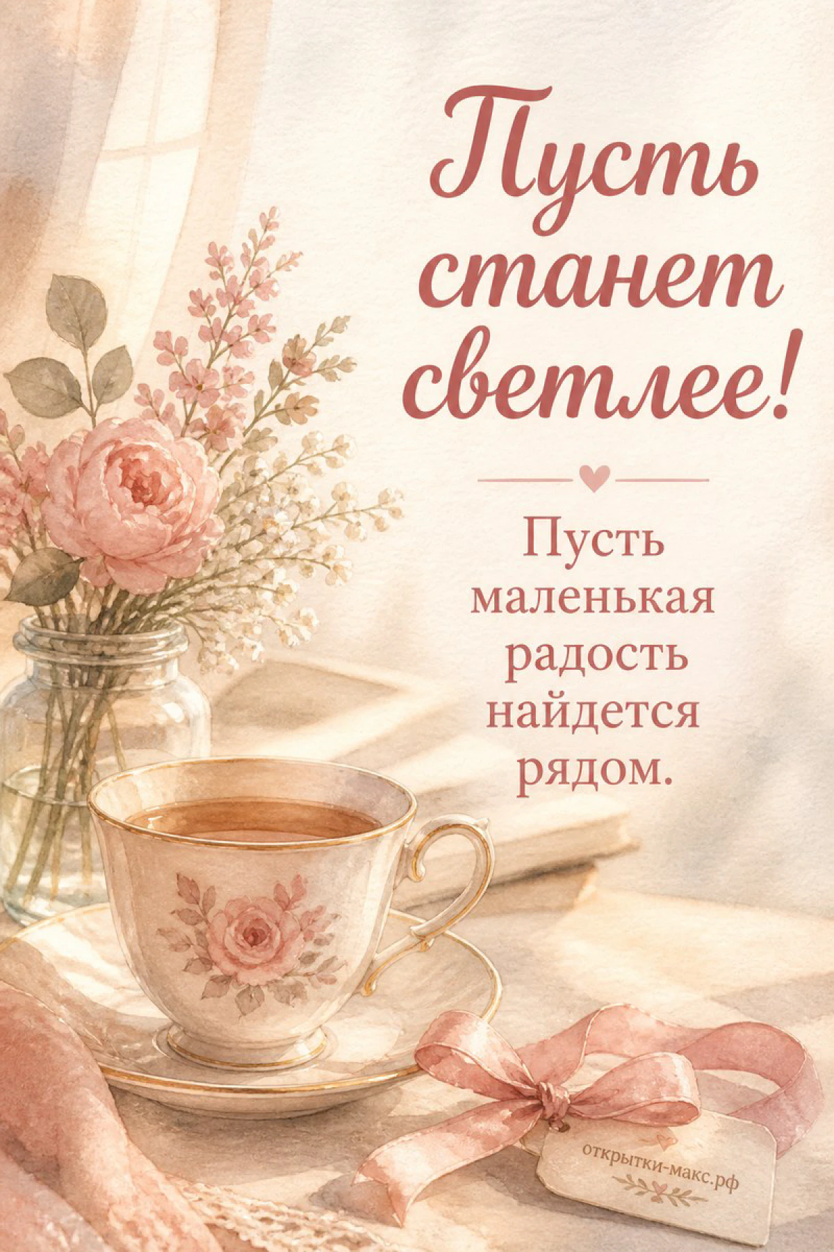 Акварельная открытка: чашка чая с розовой розой в вазе, книга и розовая лента на светлом фоне, надпись Пусть станет светлее