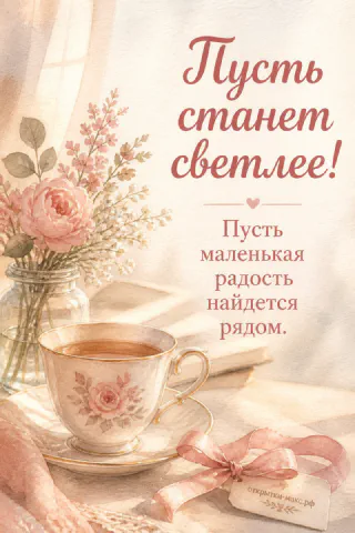 Акварельная открытка: чашка чая с розовой розой в вазе, книга и розовая лента на светлом фоне, надпись Пусть станет светлее