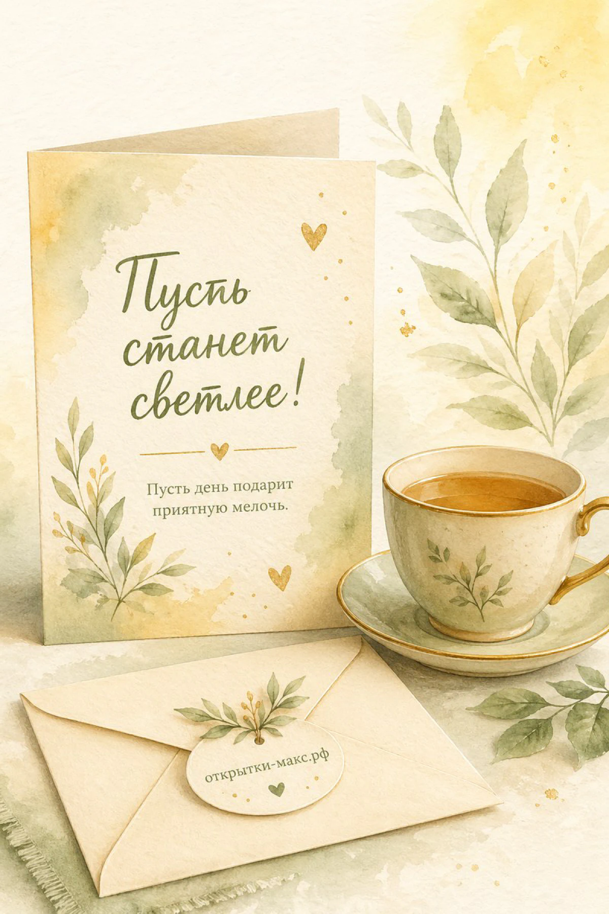 Акварельная открытка с надписью Пусть станет светлее, рядом чашка чая и конверт с тегом на светлом фоне с листьями