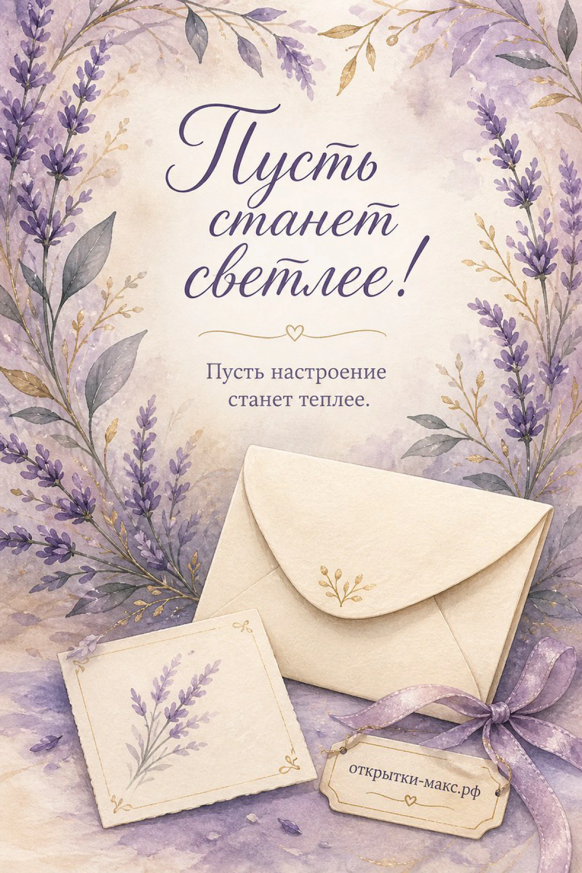 Кремовый конверт с лавандовой лентой и маленькая карточка с лавандой на акварельном фоне с фиолетовыми ветками