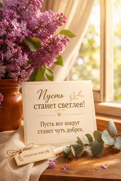 Букет фиолетовой сирени в горшке на деревянном подоконнике у окна с солнечным светом