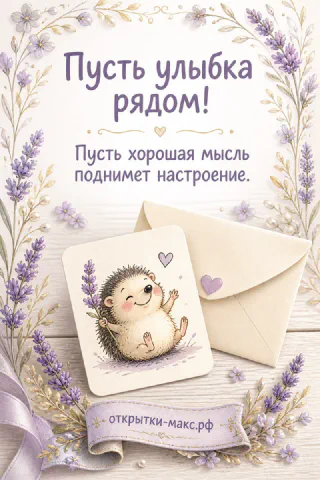 Мультяшный ёжик с букетиком лаванды на открытке рядом с конвертом и лавандовыми ветками