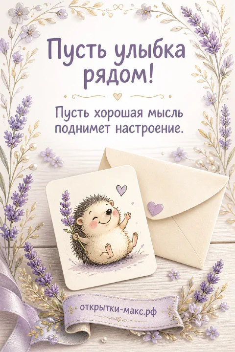 Мультяшный ёжик с букетиком лаванды на открытке рядом с конвертом и лавандовыми ветками