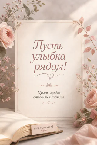 Карточка с надписью «Пусть улыбка рядом» в обрамлении пудровых роз и раскрытой книги