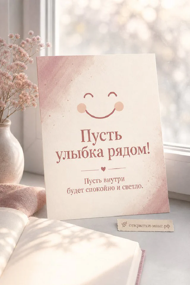 Открытка с большой нарисованной улыбкой в окружении розовых сухоцветов на кремовом фоне — вариант 4