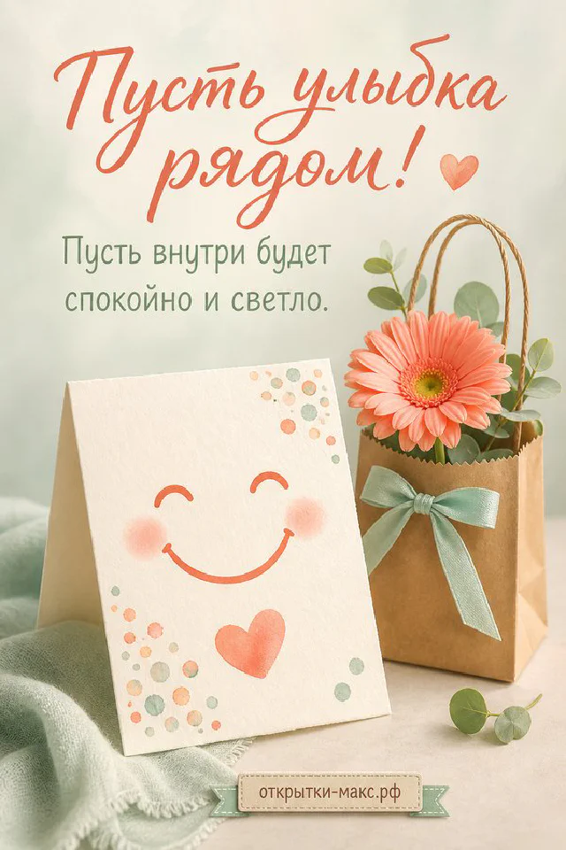 Открытка с большой нарисованной улыбкой в окружении розовых сухоцветов на кремовом фоне — вариант 5