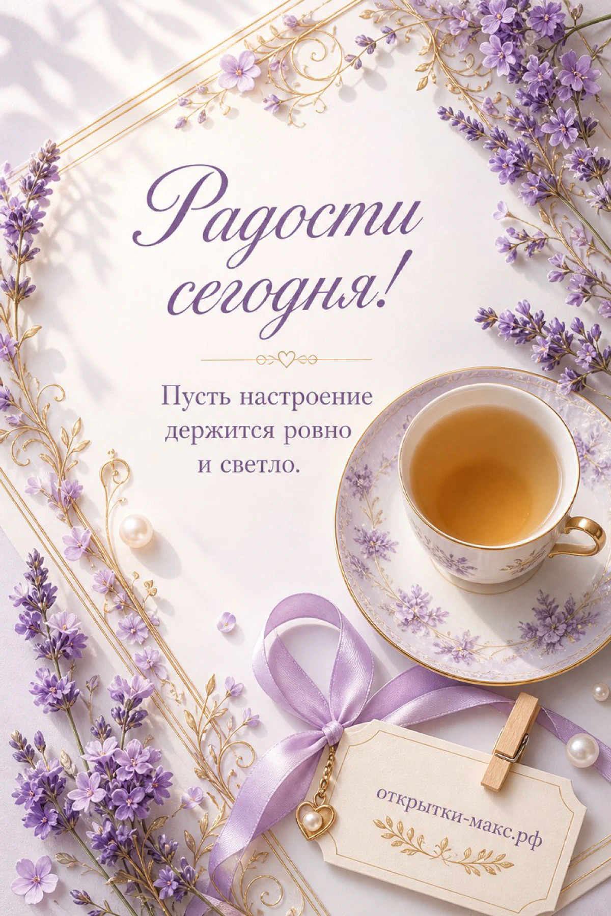 Фарфоровая чашка чая с блюдцем на золотой рамке, лаванда вокруг, жемчужные бусины и лавандовая лента с тегом