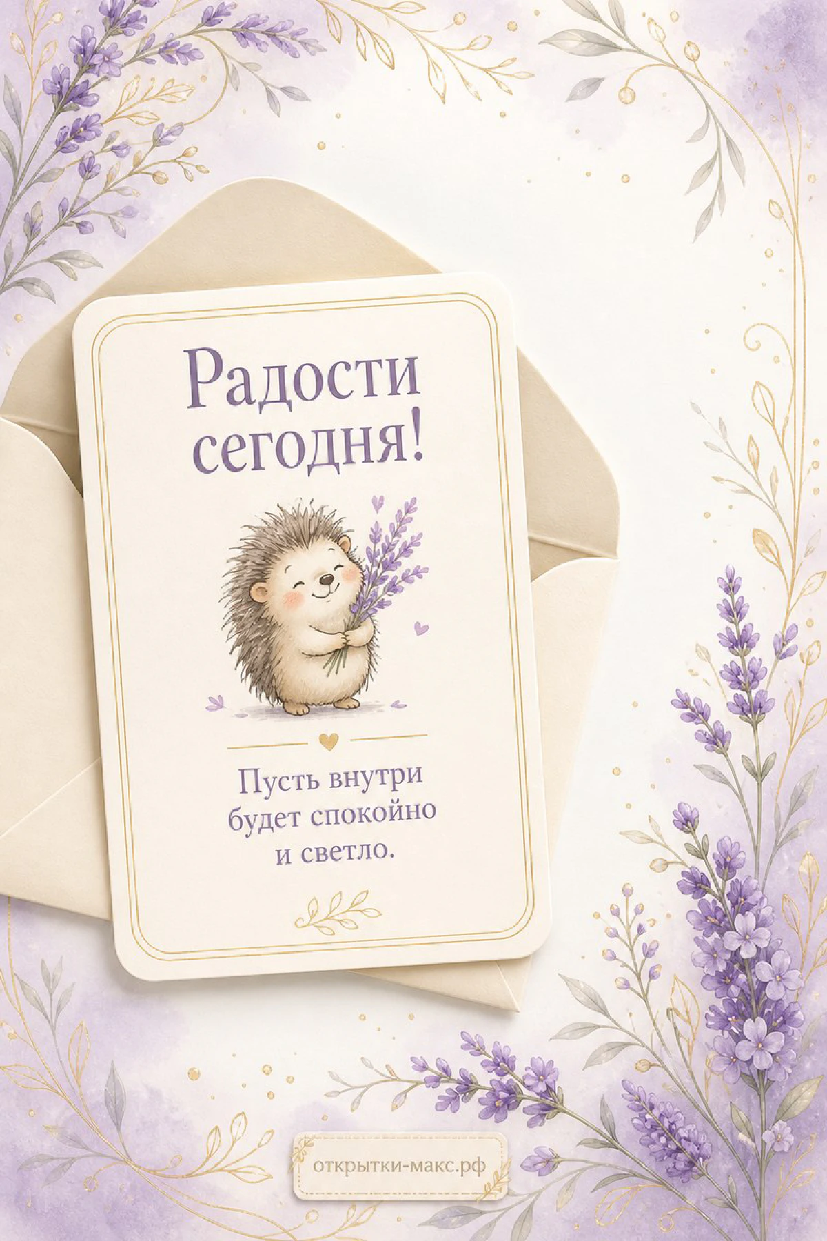 Кремовая открытка с нарисованным ёжиком, держащим лаванду, на конверте, вокруг акварельные веточки лаванды