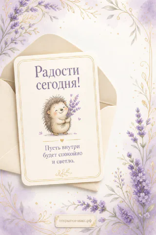 Кремовая открытка с нарисованным ёжиком, держащим лаванду, на конверте, вокруг акварельные веточки лаванды