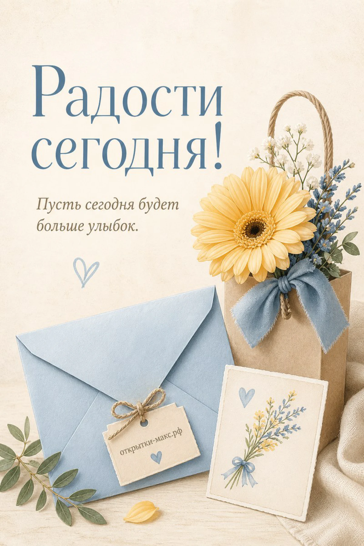 Голубой конверт с тегом, рядом крафтовый пакет с жёлтой герберой и лавандой и маленькая открытка с букетом