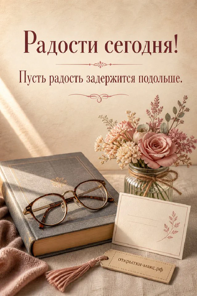 Кленовый осенний лист и вязаный бежевый плед с запиской «Радости сегодня» на голубом фоне — вариант 3