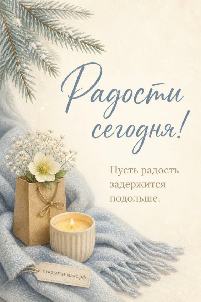 Кленовый осенний лист и вязаный бежевый плед с запиской «Радости сегодня» на голубом фоне — вариант 4