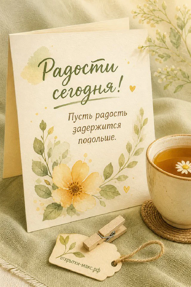 Кленовый осенний лист и вязаный бежевый плед с запиской «Радости сегодня» на голубом фоне — вариант 7