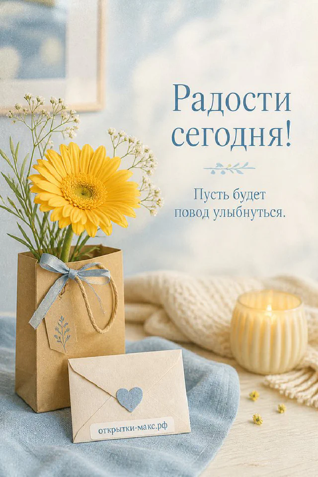 Акварельная веранда с вазой белых цветов и конвертами на столе, надпись «Радости сегодня» — вариант 2
