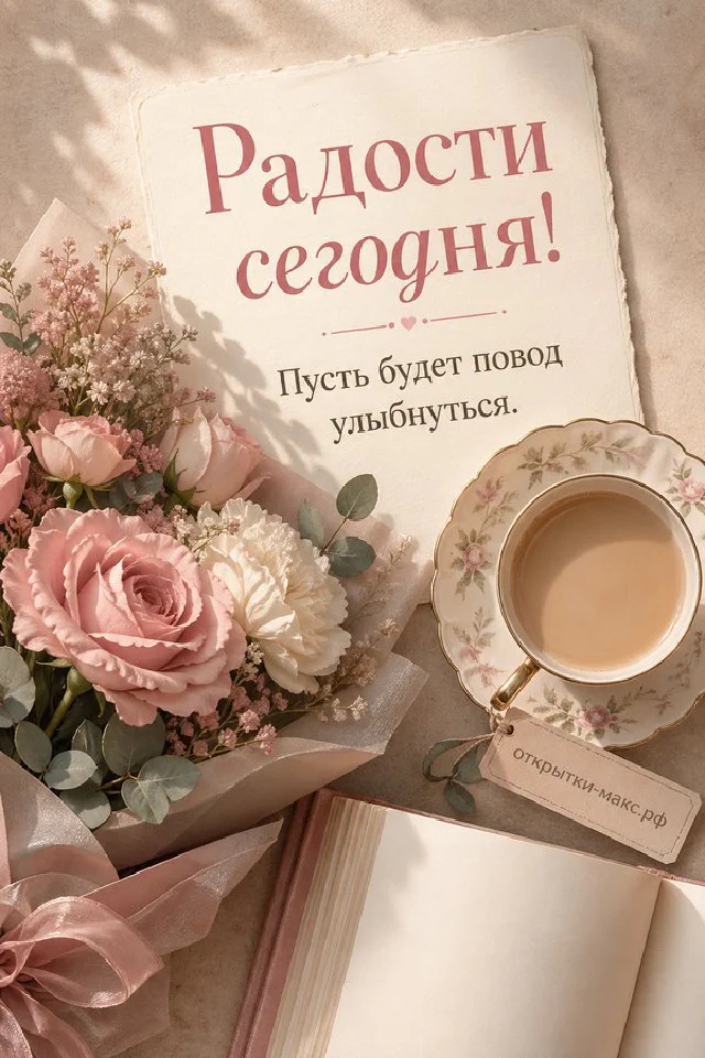 Акварельная веранда с вазой белых цветов и конвертами на столе, надпись «Радости сегодня» — вариант 4