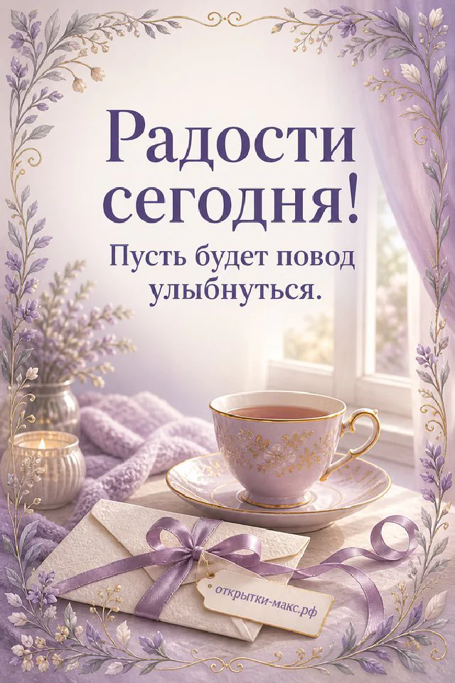 Акварельная веранда с вазой белых цветов и конвертами на столе, надпись «Радости сегодня» — вариант 6