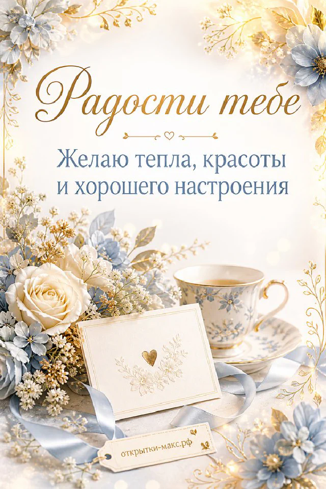 Белая роза с голубыми цветами рядом с чашкой чая и открыткой «Радости тебе» — вариант 2