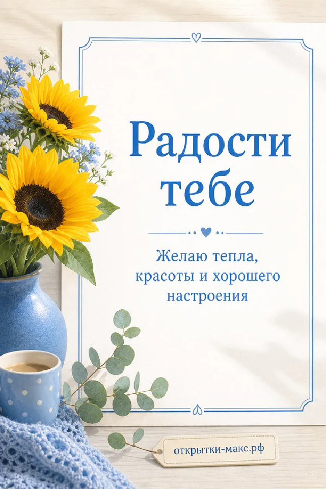 Белая роза с голубыми цветами рядом с чашкой чая и открыткой «Радости тебе» — вариант 4