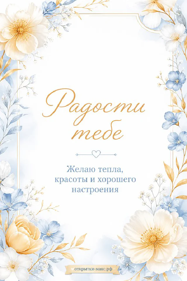 Белая роза с голубыми цветами рядом с чашкой чая и открыткой «Радости тебе» — вариант 5