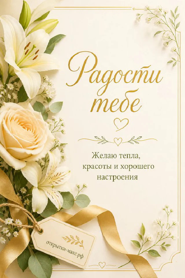 Белая роза с голубыми цветами рядом с чашкой чая и открыткой «Радости тебе» — вариант 6