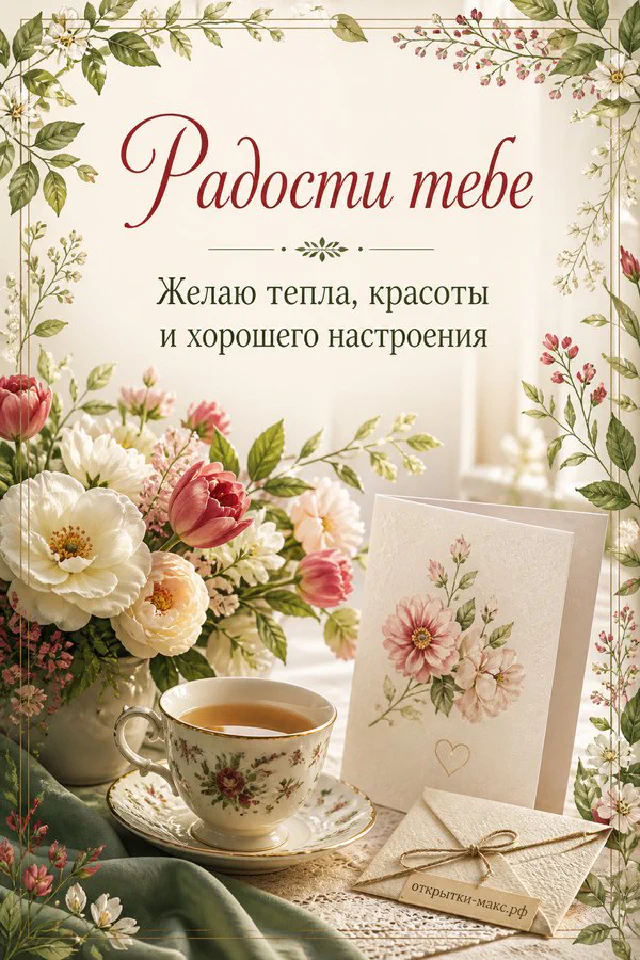 Белая роза с голубыми цветами рядом с чашкой чая и открыткой «Радости тебе» — вариант 7