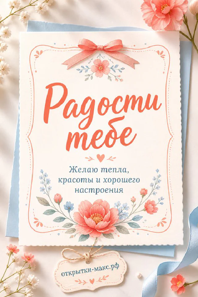 Белая роза с голубыми цветами рядом с чашкой чая и открыткой «Радости тебе» — вариант 8
