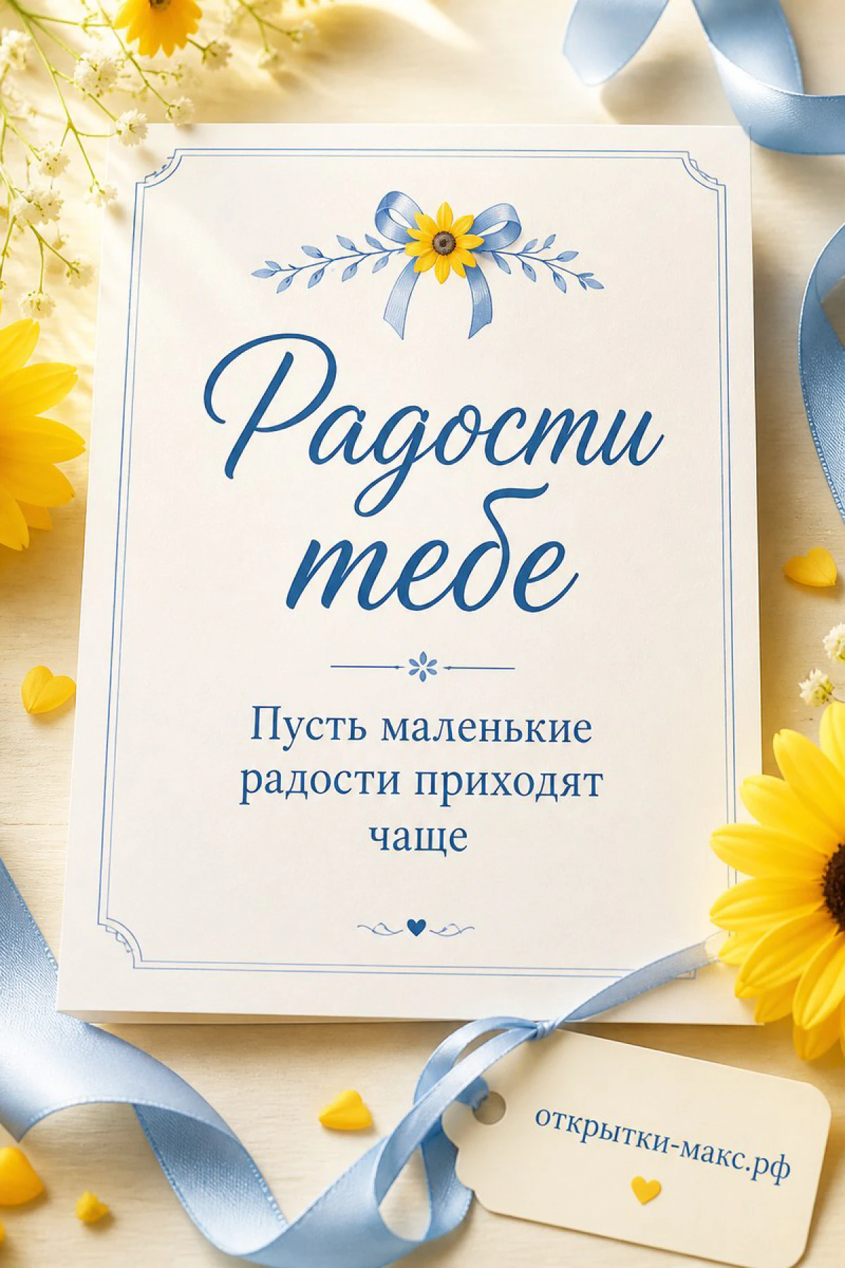 Белая открытка с надписью Радости тебе и синей лентой, рядом жёлтые подсолнухи и голубые ленты на светлом деревянном фоне