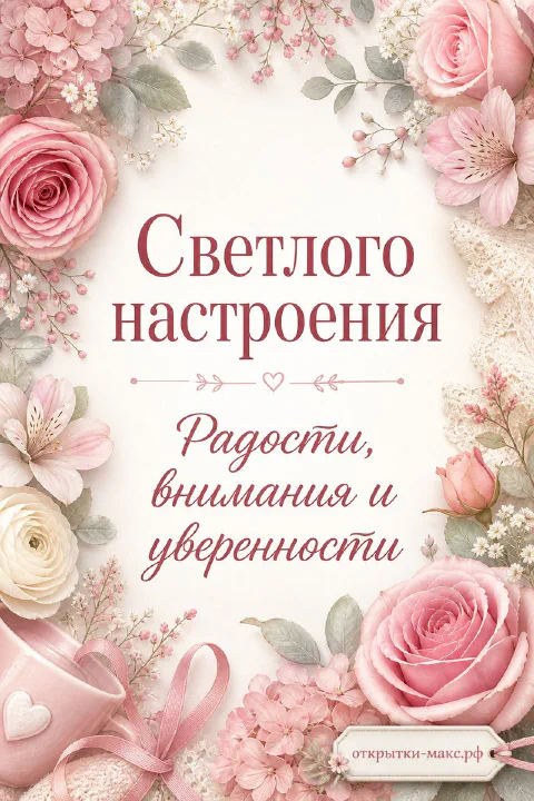 Открытка с крупным букетом розовых роз и надписью «Светлого настроения. Радости, внимания и уверенности»