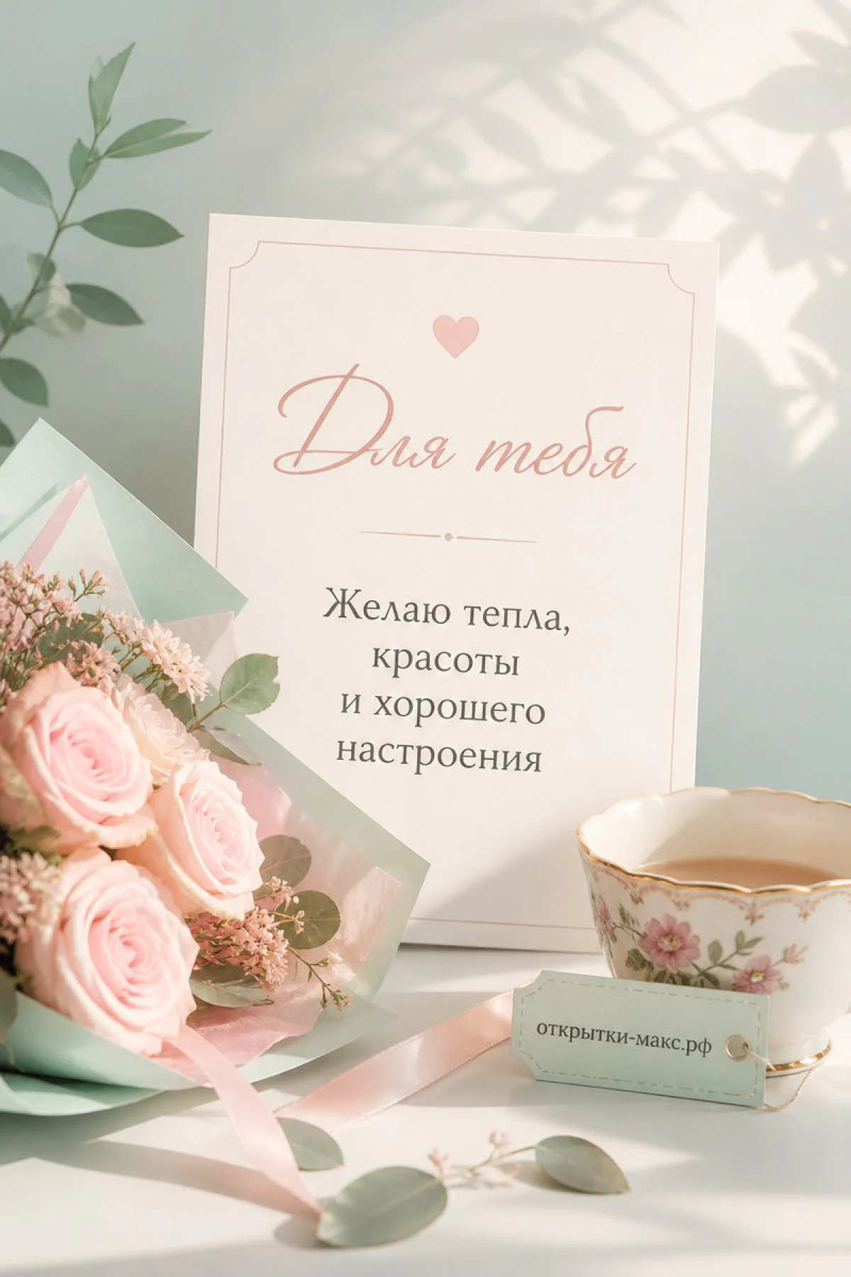 Букет розовых роз и фарфоровая чашка чая рядом с открыткой «Для тебя» на светлом фоне