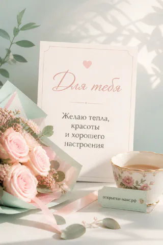 Букет розовых роз и фарфоровая чашка чая рядом с открыткой «Для тебя» на светлом фоне