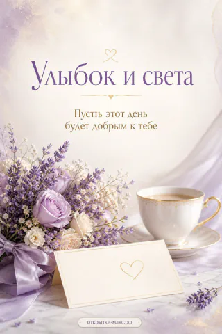 Фиолетовые розы с лавандой, золотая чашка чая и конверт с сердцем на светлом фоне